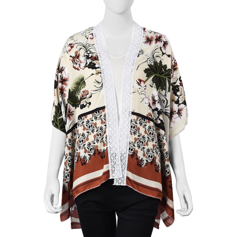 Off White Floral Kimono w/Lace Border